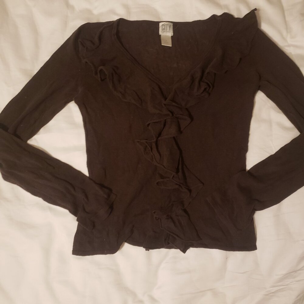 Long sleeve VINTAGE brown DKNY ruffle shirt